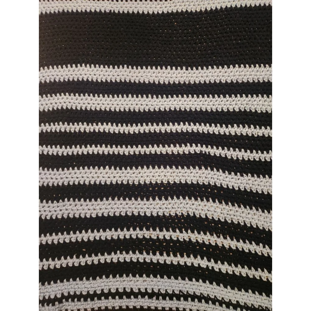 Vintage Crocheted Navy & Lt Blue Striped 100%Cotton Yarn Throw Blanket 36x74in